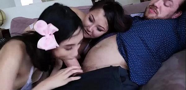  Asian hotties whips out the studs cock and shares it inside their mouths and tight Asian pussies
